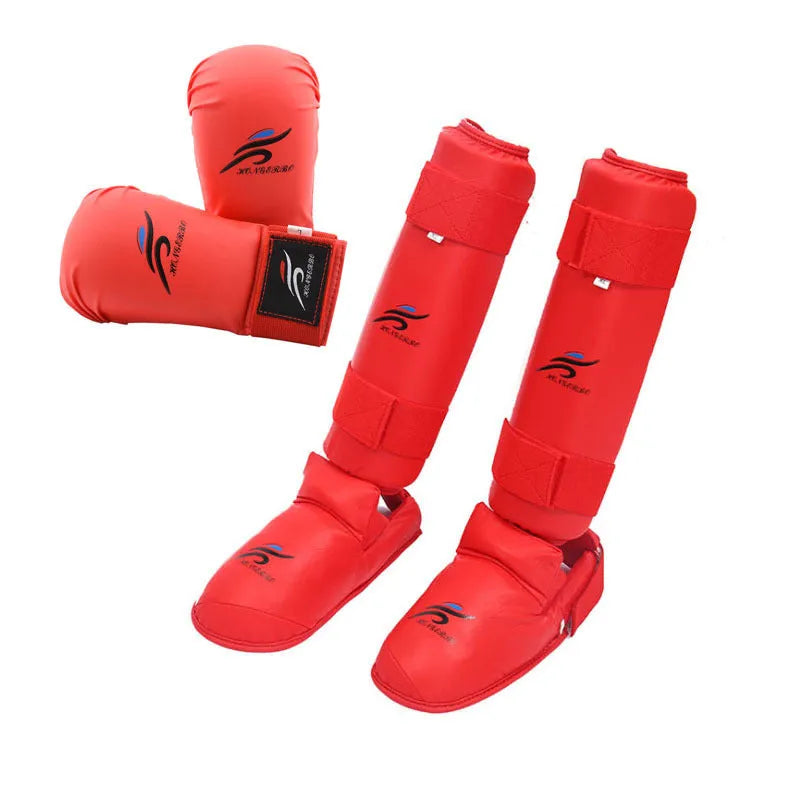 Karate taekwondo protective gear set including leg guard, helmet and boxing gloves in red PU material