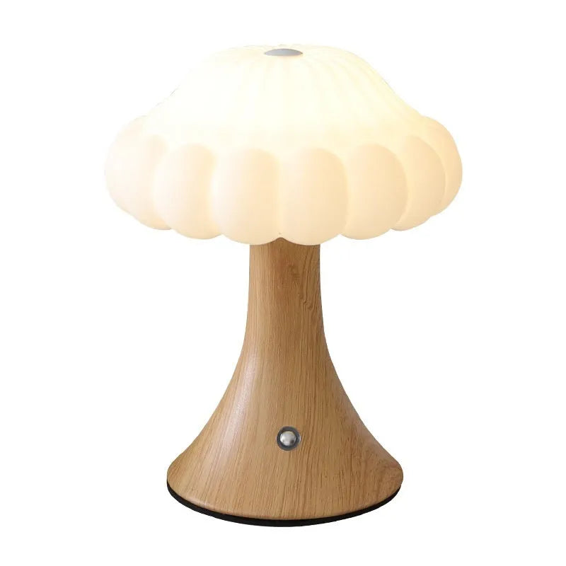 Mushroom-shaped touch control table lamp with USB charging port in wood grain finish.