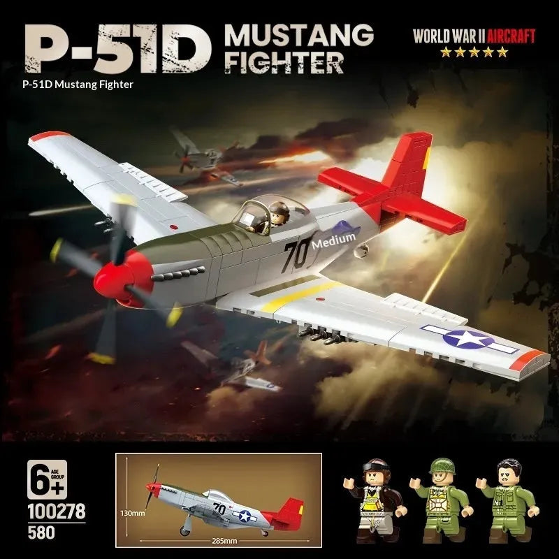 Building block airplane model of US military fighter Mustang P-510 made of plastic bricks for children aged 7-14