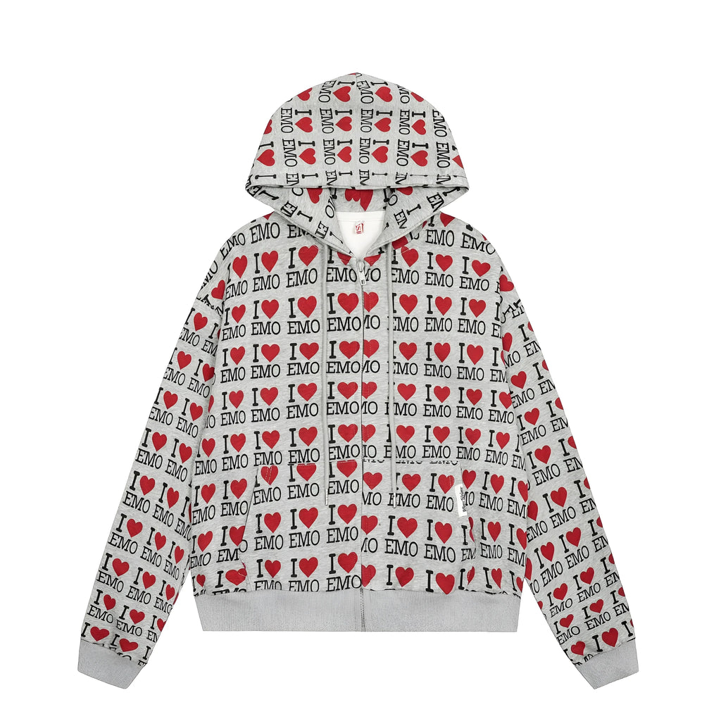 Women's melange grey cotton cardigan with autumn retro pattern, hood, and long sleeves laid flat.