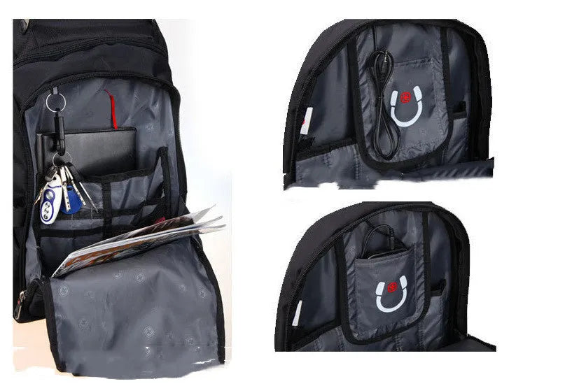 Black polyester travel outdoor backpack with waterproof breathable fabric, hard handle, shoulder pad and metal element