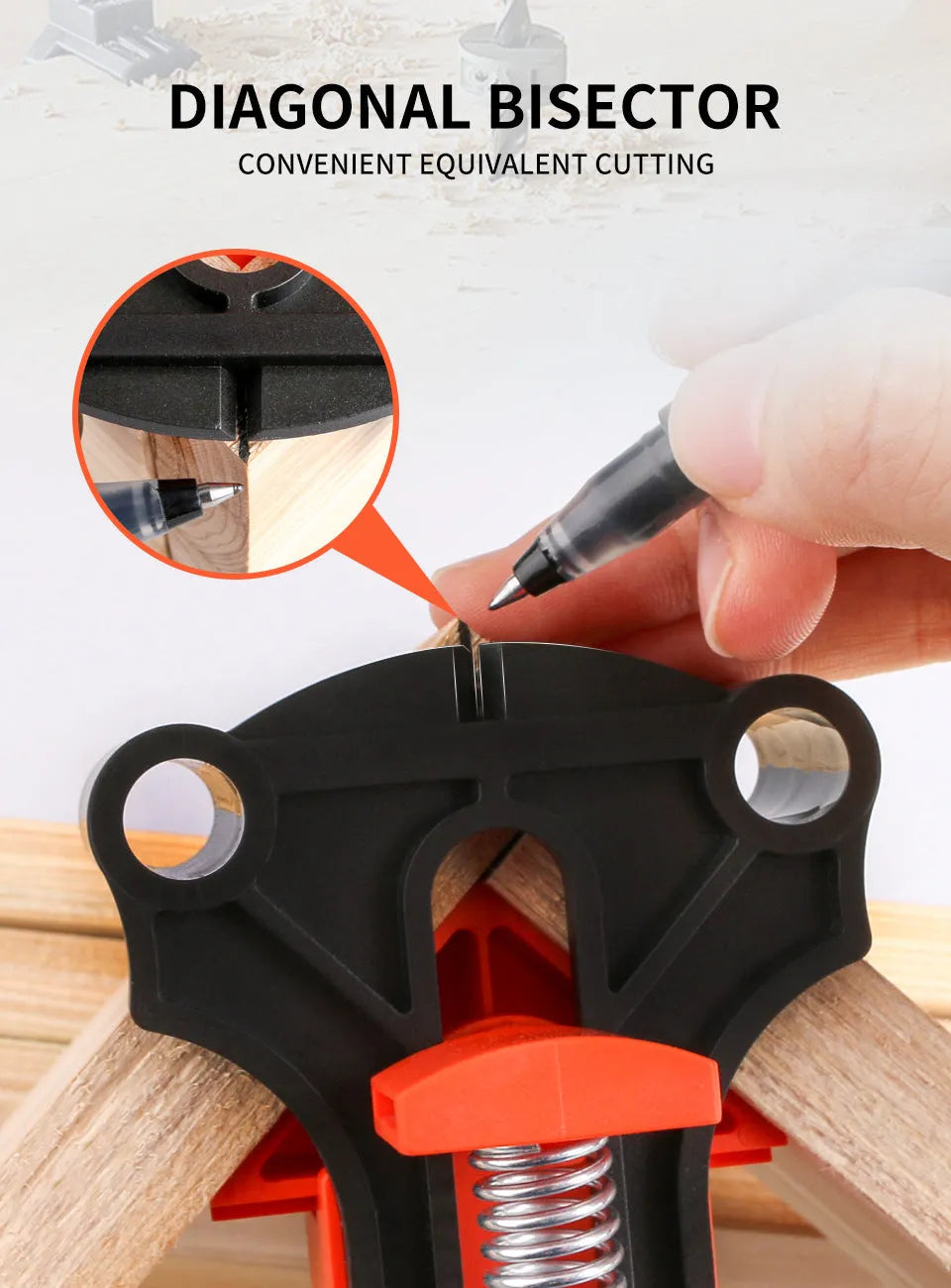 Four plastic 90 degree right angle woodworking clamps for picture frame assembly