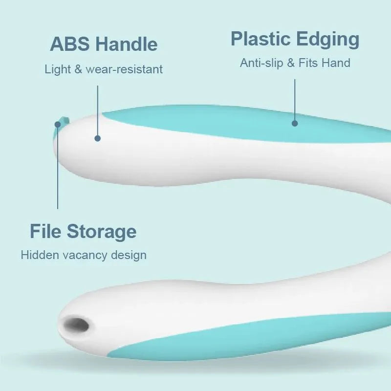 Blue and white professional pet nail clipper with safety lock and nail file for dogs and cats.