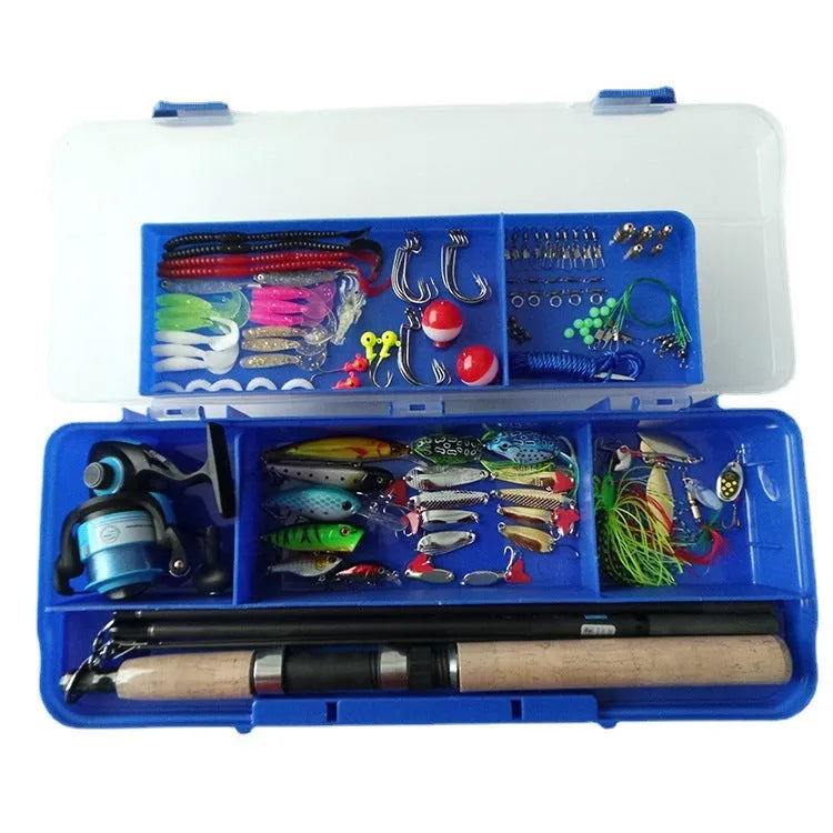 Portable lure rod fishing lure box set in picture colour with rod, reel, baits, hooks, and pliers inside a 46x19x8cm case