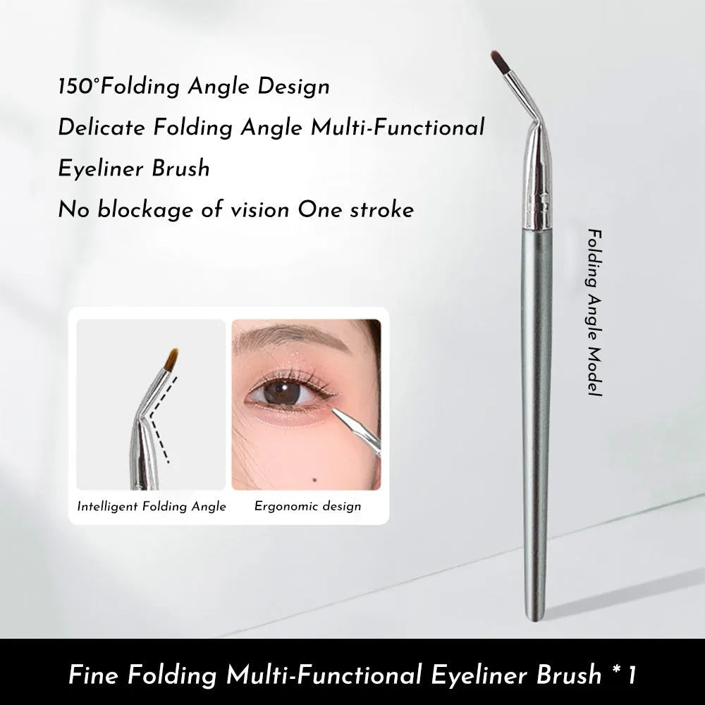 Close-up of an angled bend head eyeliner brush with a fine tip for detailed eye makeup application.