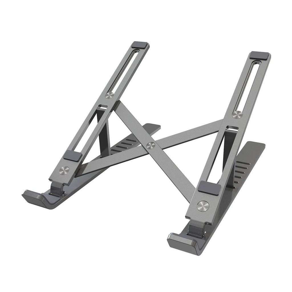 Silver aluminium laptop stand showing six height adjustment positions in folded configuration