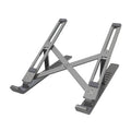 Silver aluminium laptop stand showing six height adjustment positions in folded configuration