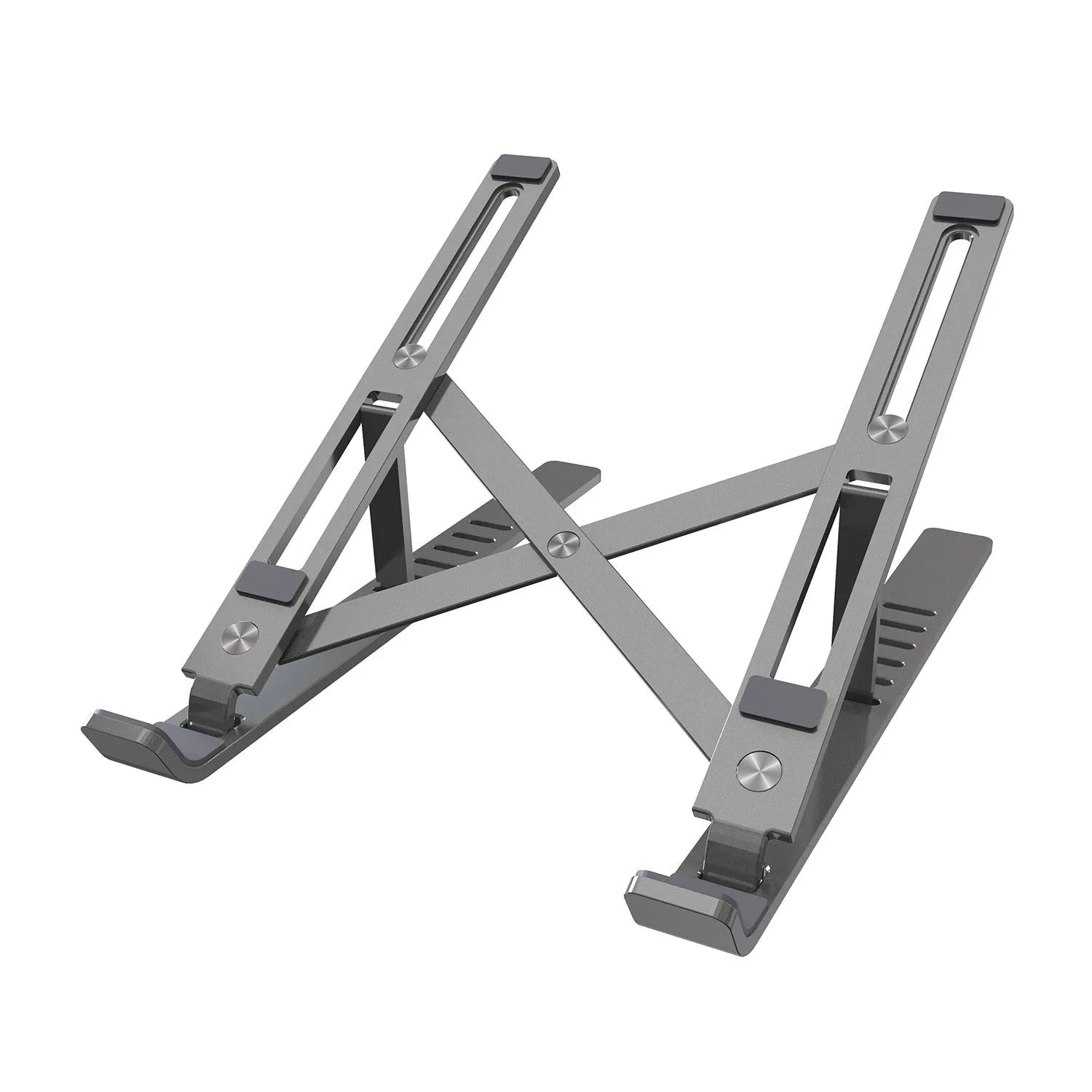 Silver aluminium laptop stand showing six height adjustment positions in folded configuration