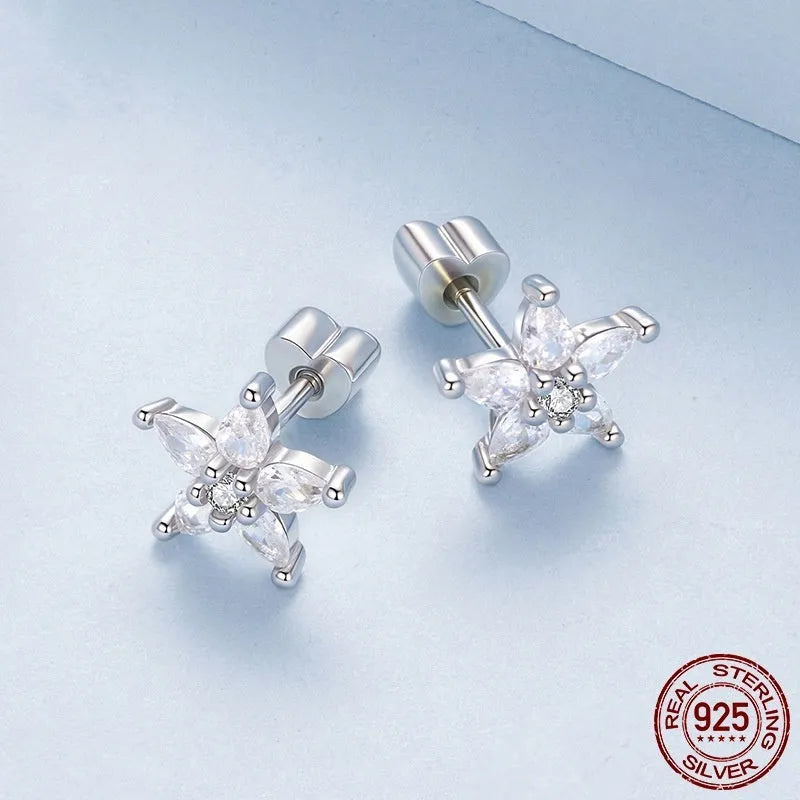 Original Shining Zircon Small Flower Ear Studs for women, silver construction with shining zircon centre, Christmas style