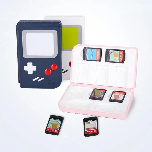 Blue durable plastic Nintendo Switch game card storage box case on a white background