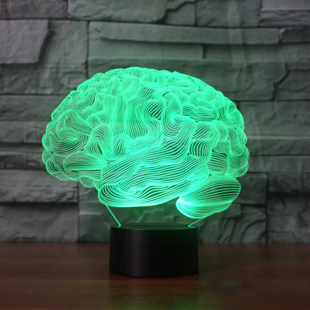 3D brain design acrylic LED lamp with colour changing lights on a black ABS base.