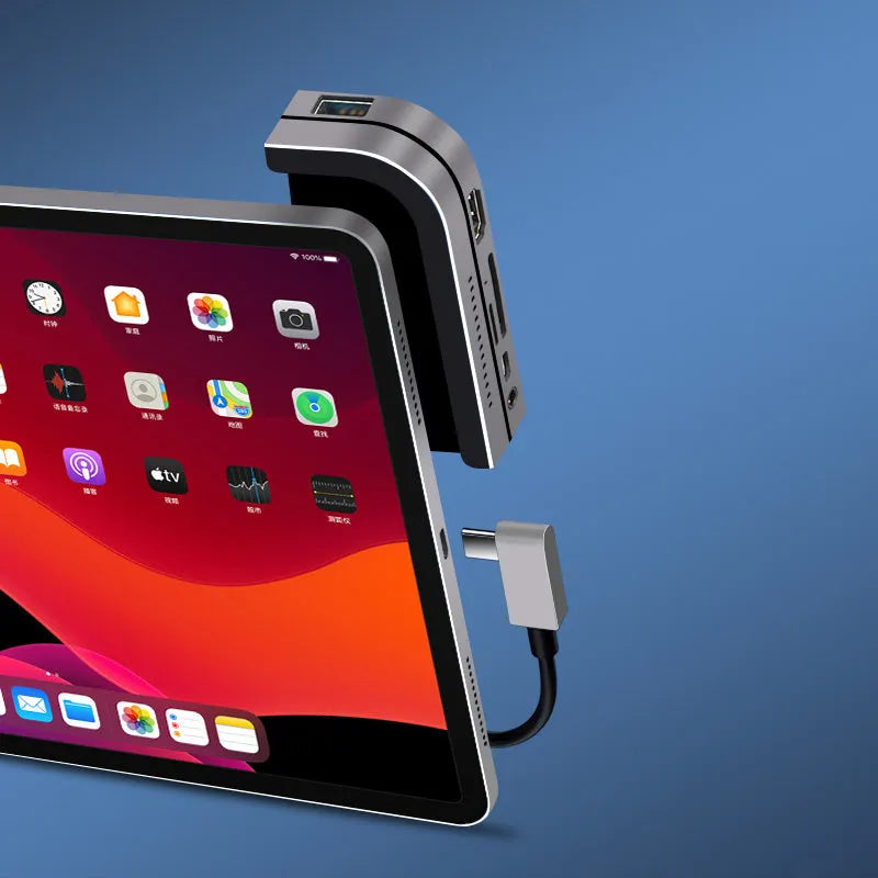 Silver aluminium grey USB-C 6-in-1 docking station for iPad Pro with HDMI port and memory card readers
