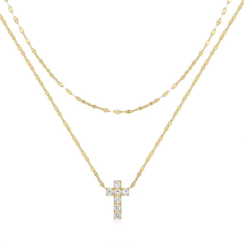 S925 sterling silver double layer twin diamond cross pendant on a gold plated clavicle chain.
