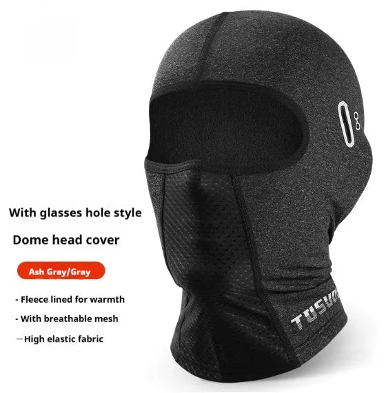 Black full face helmet riding wind mask with elastic wool and windproof fabric, shown flat