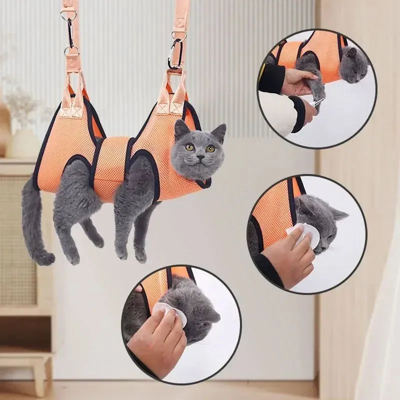 Pet grooming restraint hammock bag for cats shown in three sizes for nail clipping and bath time.