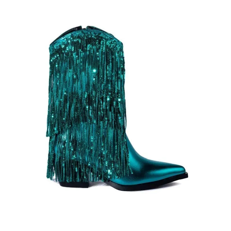 Women's black chunky heel ankle boots with tassel detail and a high stiletto heel.