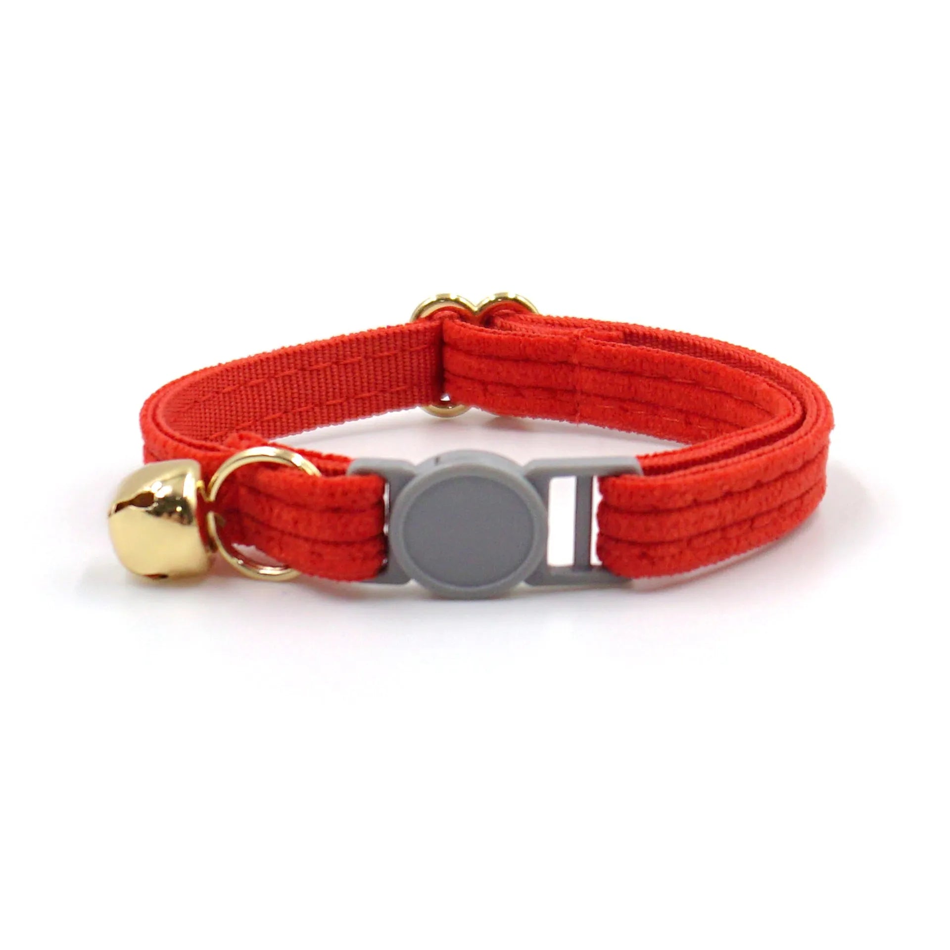 Cat collar with safety buckle and bell, available in corduroy or velvet, in multiple colours for small cats.