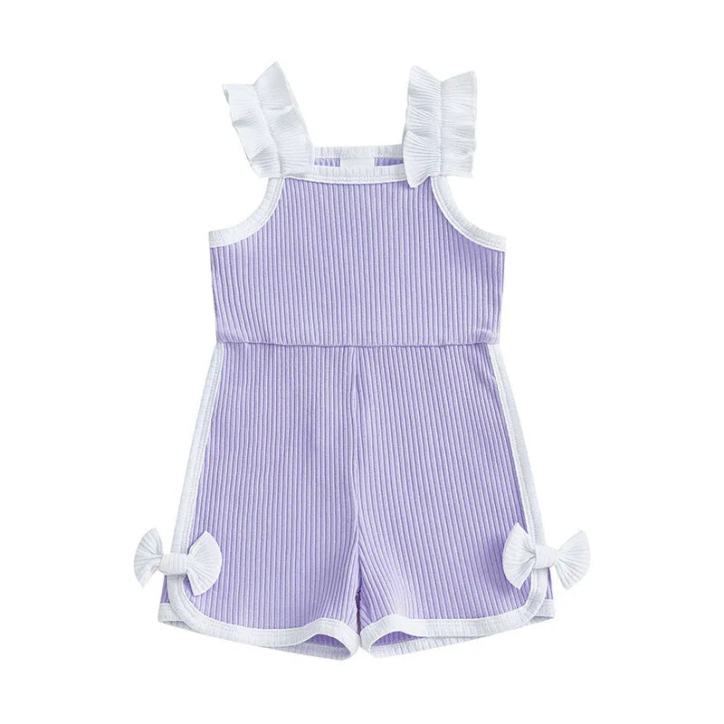 Cotton flounced sleeve bowknot suspenders jumpsuit shorts for toddler girls