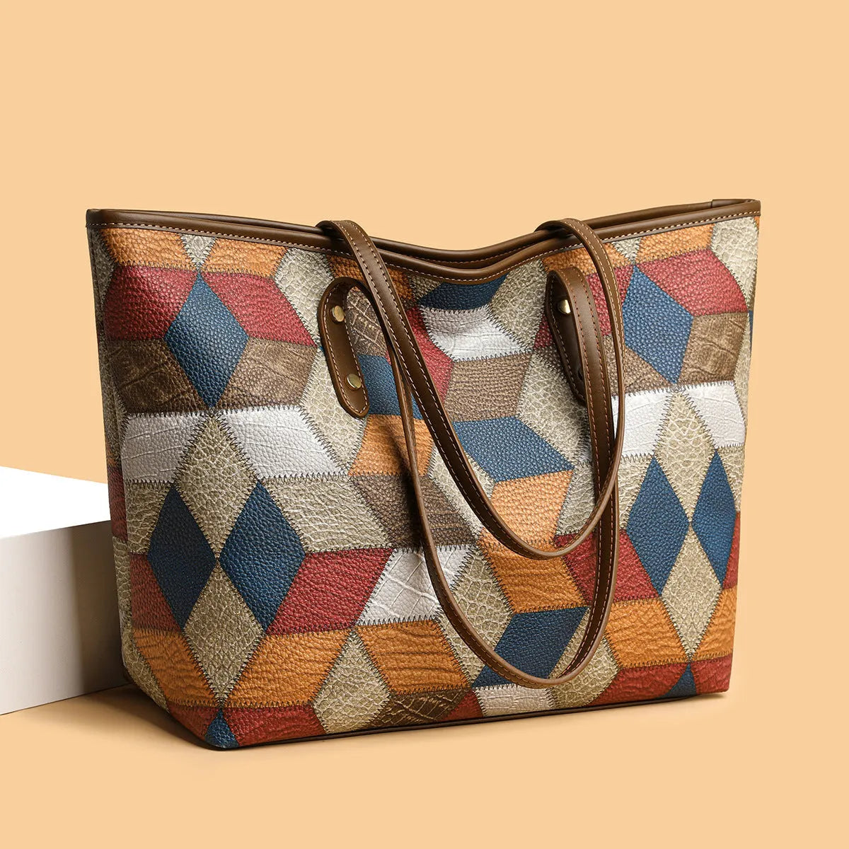 Women's PVC large capacity handbag in blue brown colour with sandwich pocket design