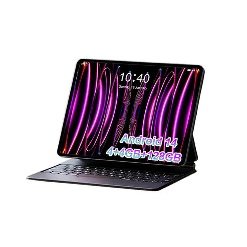 10 inch bare metal blue business tablet pc with screen, shown alongside included charger and accessories.
