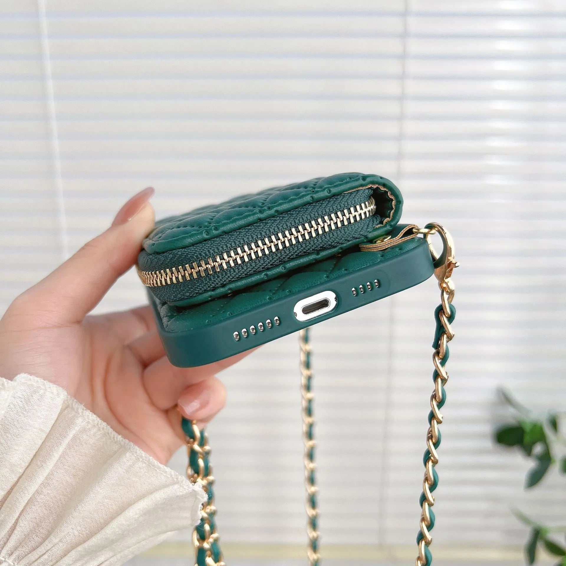 Lambskin phone case for Apple iPhone with card holder in white, showing front and back view
