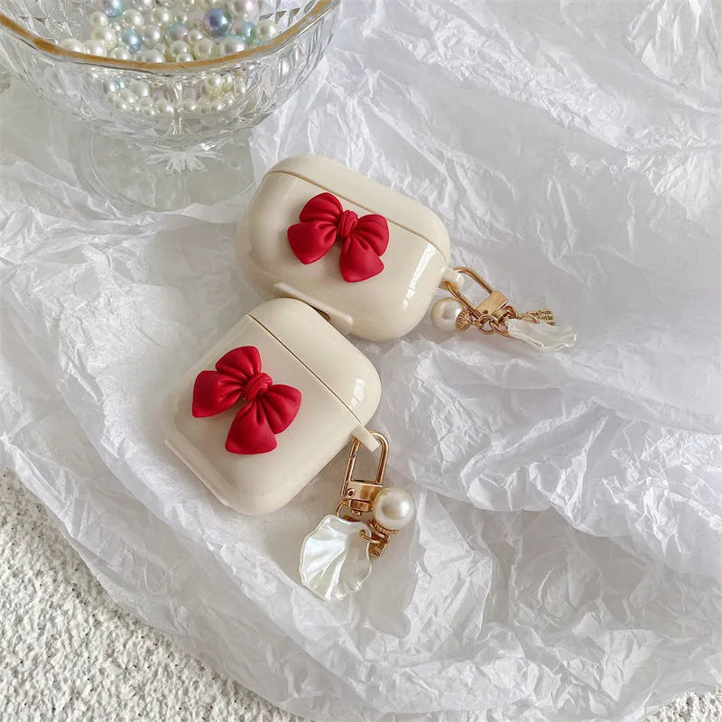 Beige red bow shell TPU protective case for AirPods Pro and AirPods 3 wireless earphones