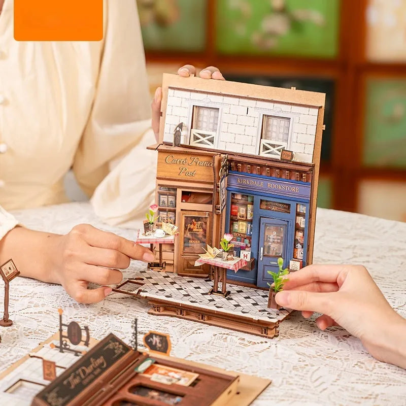 Ruolai Arcade three-dimensional puzzle blocks assembled model showing arcade design on a wooden surface