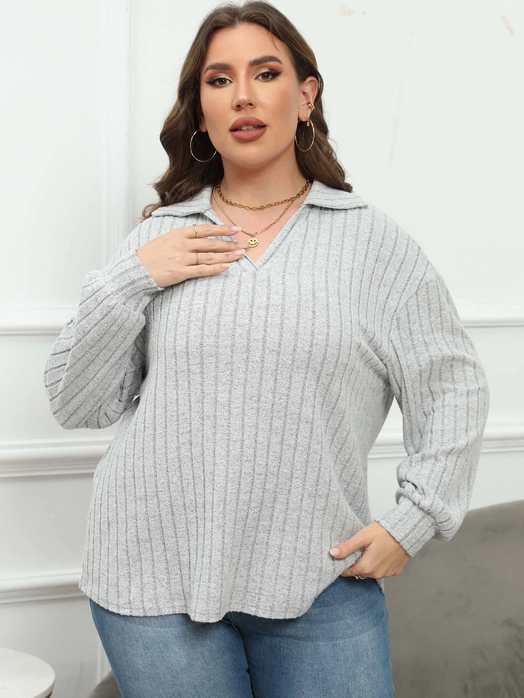 Plus size women's grey polo collar fleece shirt with lantern sleeves in Gothic street style.