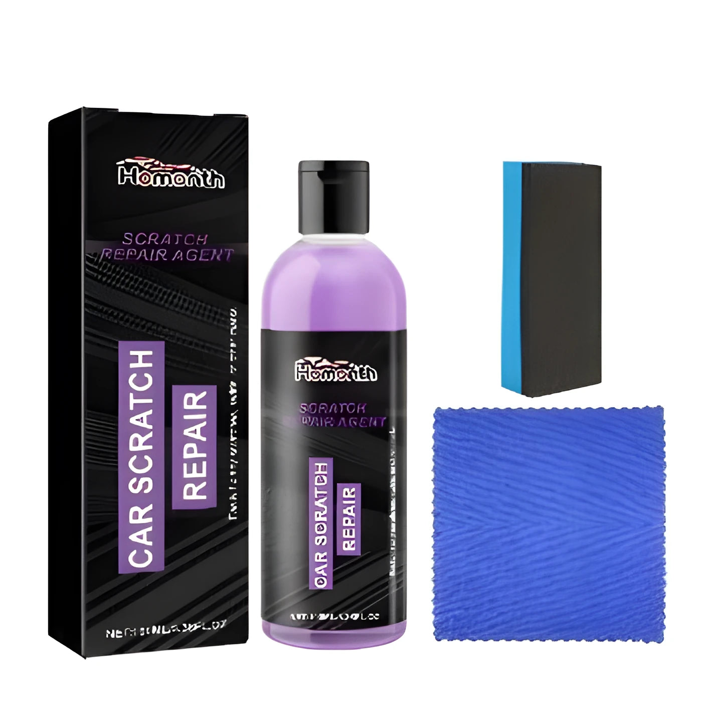 Scratch repair agent kit with 100ml bottle, sponge and microfiber cloth