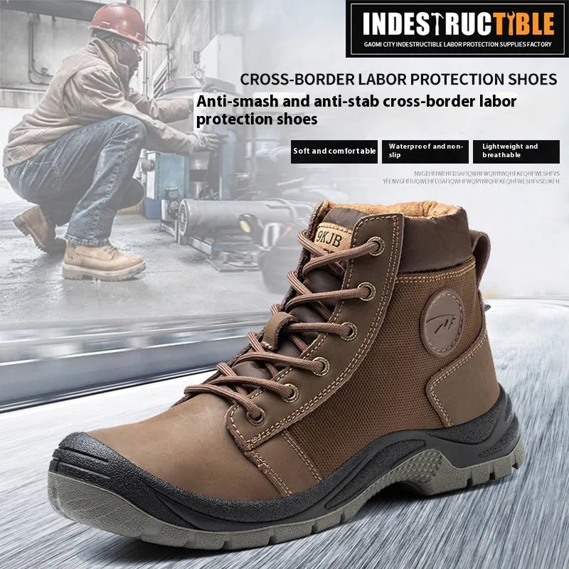 Orange leather anti-smash puncture safety shoes with rubber soles for workplace protection