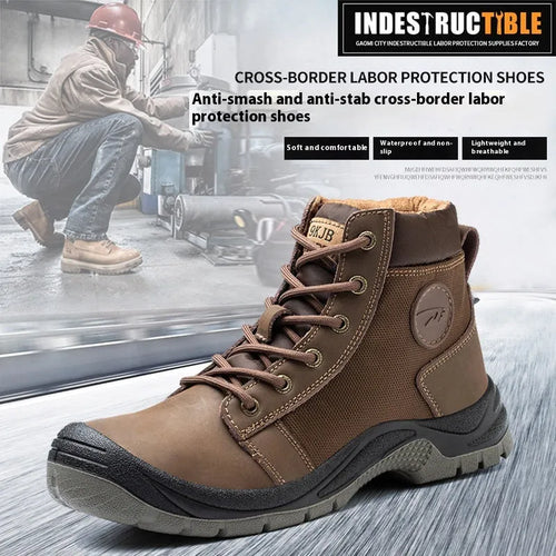 Orange leather anti-smash puncture safety shoes with rubber soles for workplace protection
