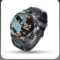 Sports smartwatch with dual cameras on wrist, showing touch screen displaying fitness stats.