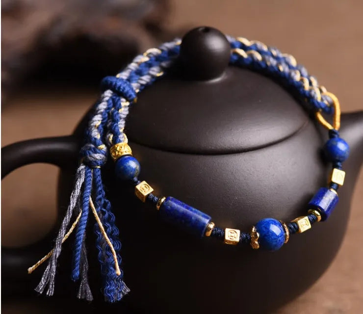 Hand-woven flexible wire watch band in ethnic style, showing Lapis Lazuli and Hongfei Ebony colour options.