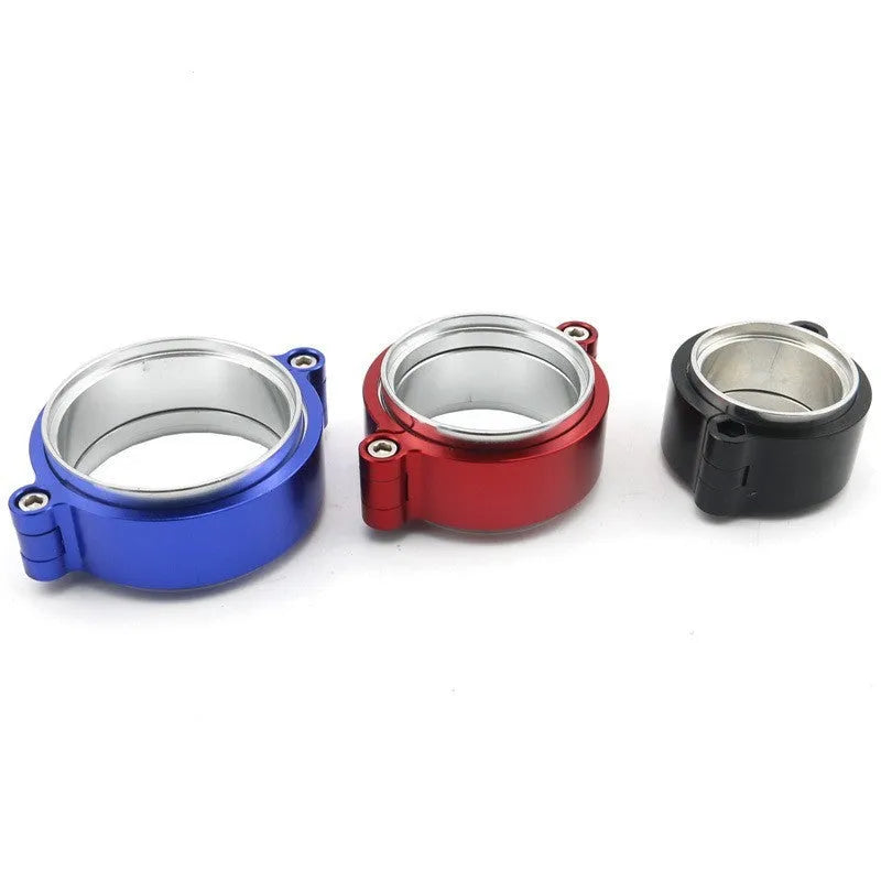 Aluminium fixed movement exhaust clamp for turbo downspouts in black, blue, and red colour options.