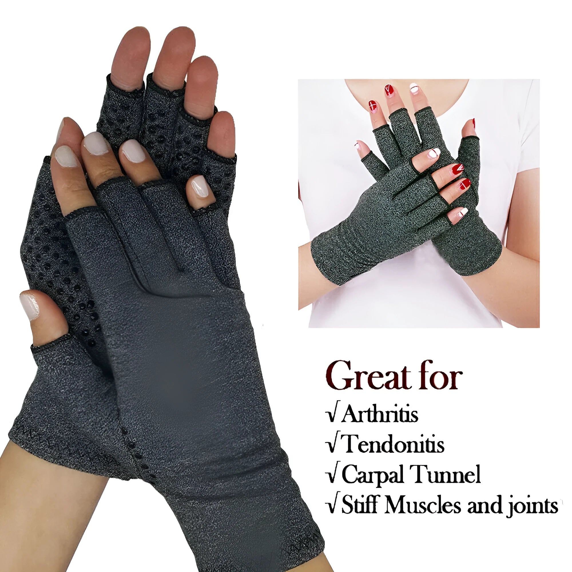 Grey half finger joint compression gloves showing anti-slip texture on palm.