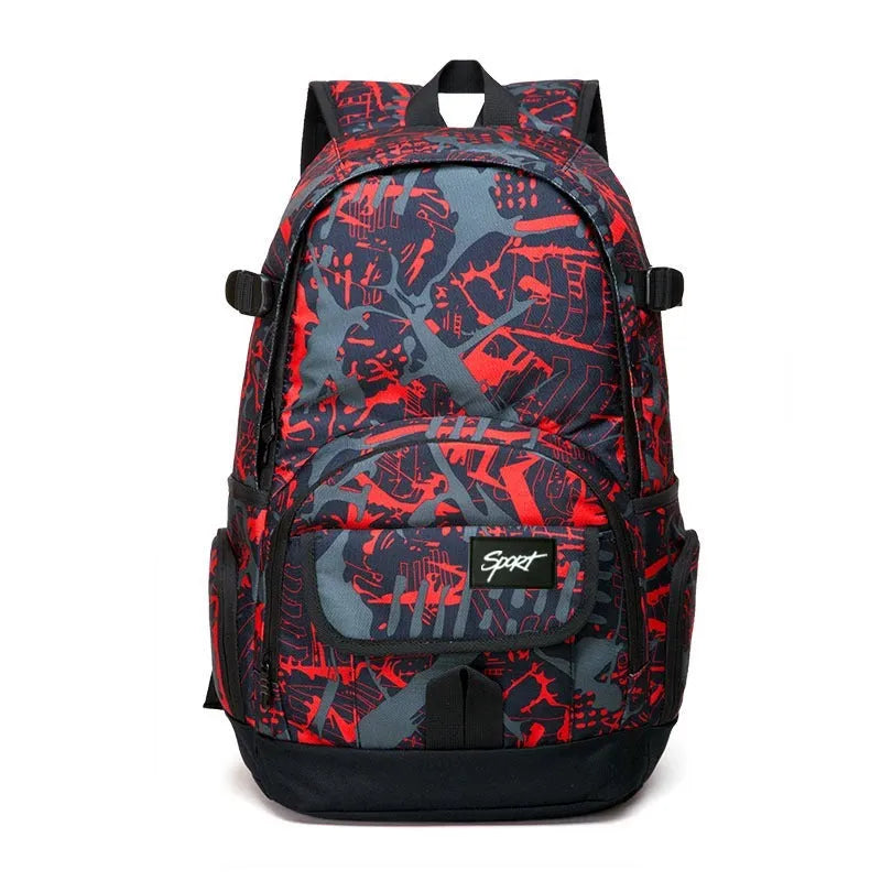 Blue classic nylon backpack with multiple pockets and adjustable padded straps, shown closed.