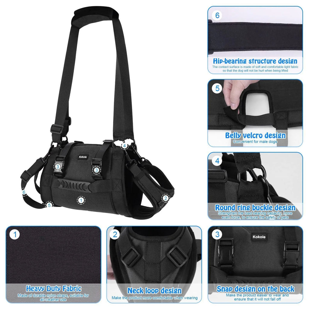 Black Oxford cloth dog rehabilitation harness with adjustable chest strap for leg support