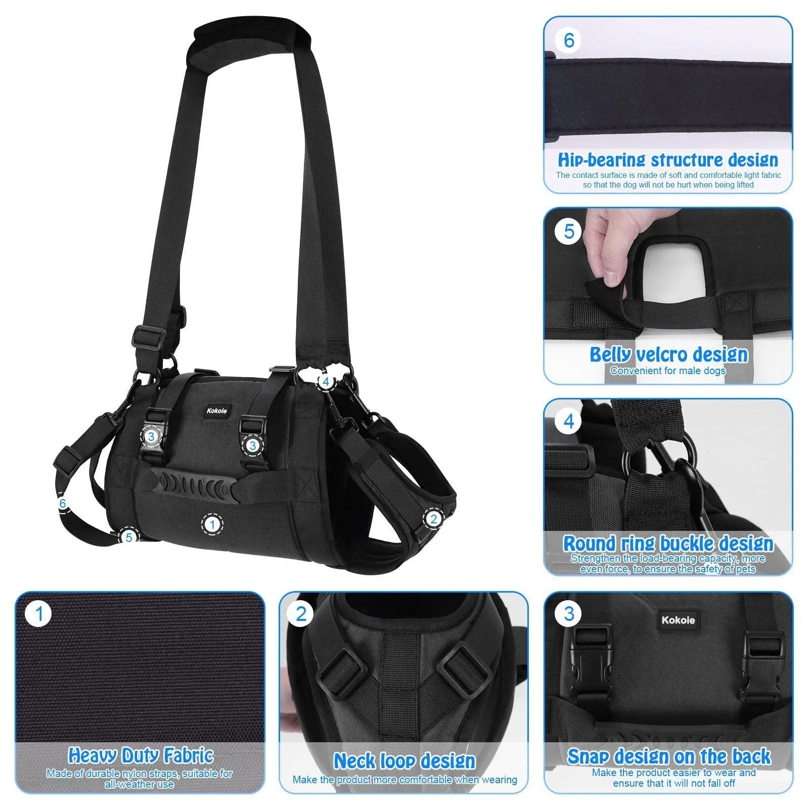 Black Oxford cloth dog rehabilitation harness with adjustable chest strap for leg support
