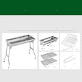 Stainless steel portable folding barbecue oven with large grill, shown unfolded outdoors.