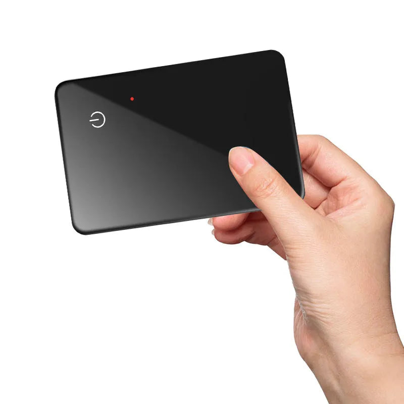 Black pet tracking card with wireless charging and NFC functionality