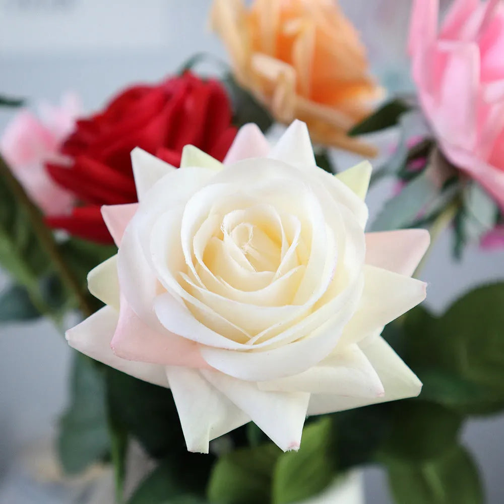 Artificial silk rose bouquet with 42cm length and 8.5cm flower head in multiple colour options