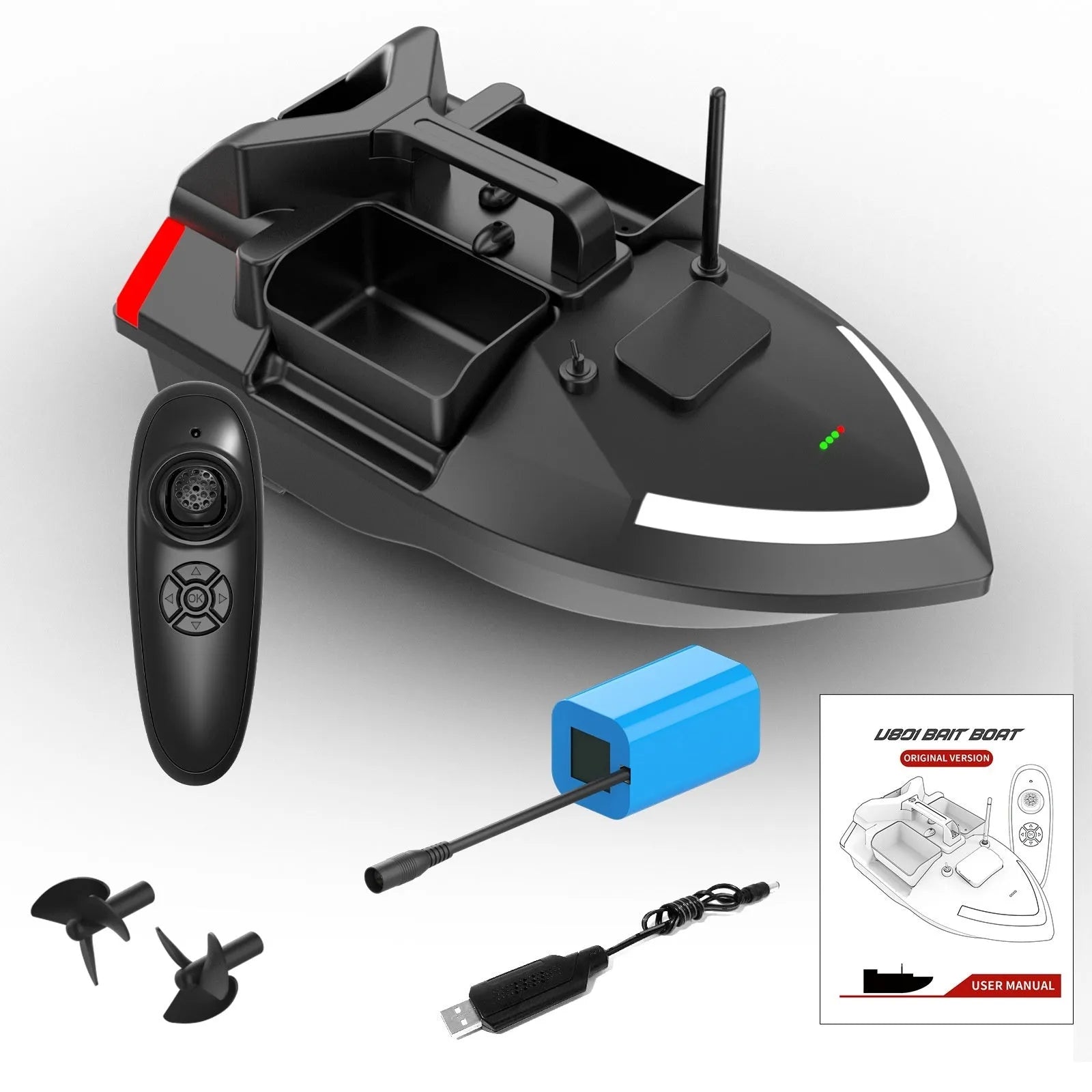 V020 black remote control fishing boat with GPS antenna on a calm lake at dusk