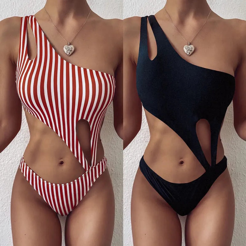 Women's one-piece nylon swimsuit in black and stripe patterns, sizes S M L for swimming and wading