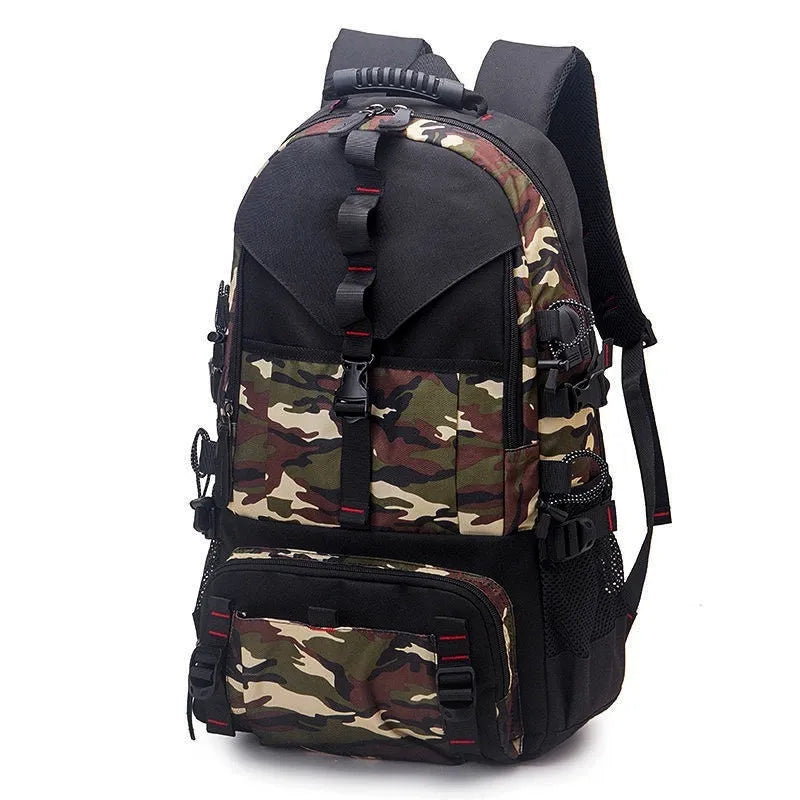 Men's black waterproof Oxford cloth hiking backpack showing front compartments and adjustable air pillow belt straps.