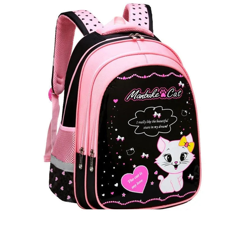 Kids school cute cat print nylon backpack with zipper opening and load-reducing design, available in large and small sizes