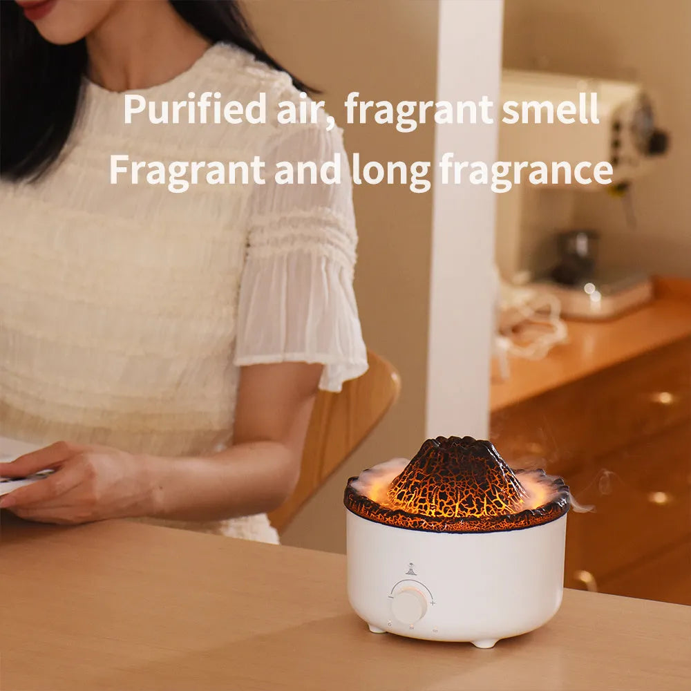White columnar volcanic humidifier with simulated flame lighting and remote control