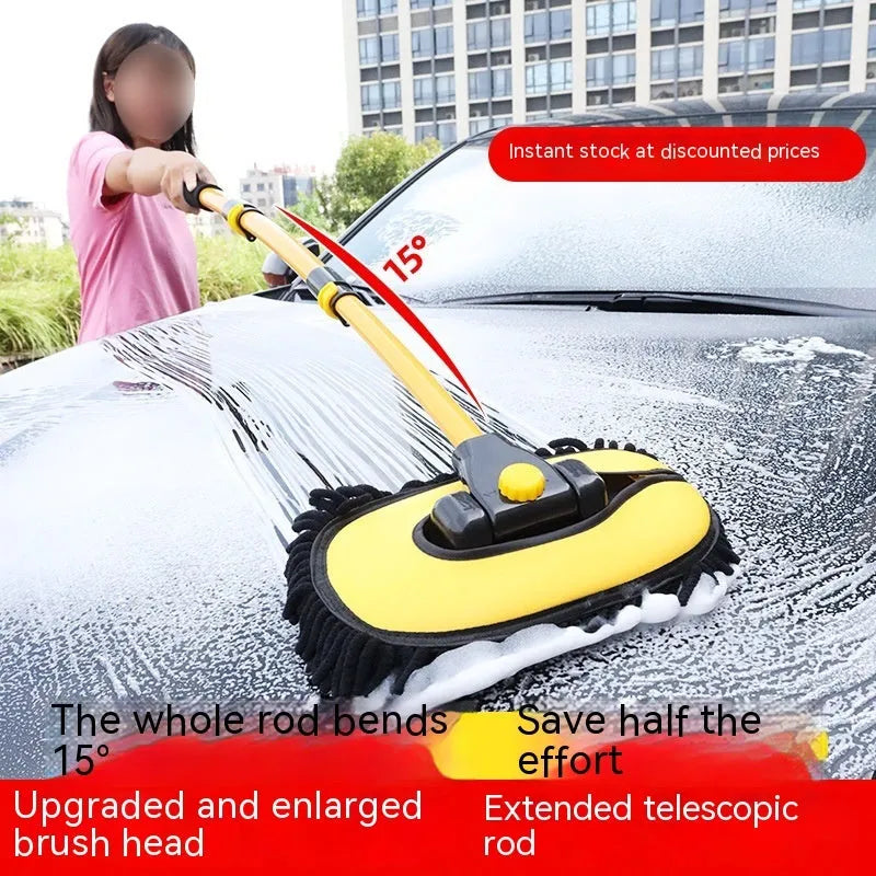 Telescopic curved rod car cleaning brush with chenille wash mop and brush head attachments in blue colour set