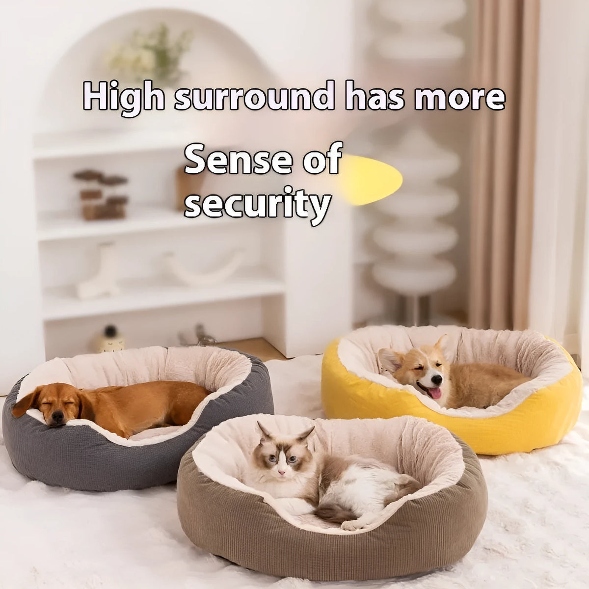 Winter fleece-lined cat nest in gray, khaki, or bright yellow, sizes S to XL, removable washable pet bed