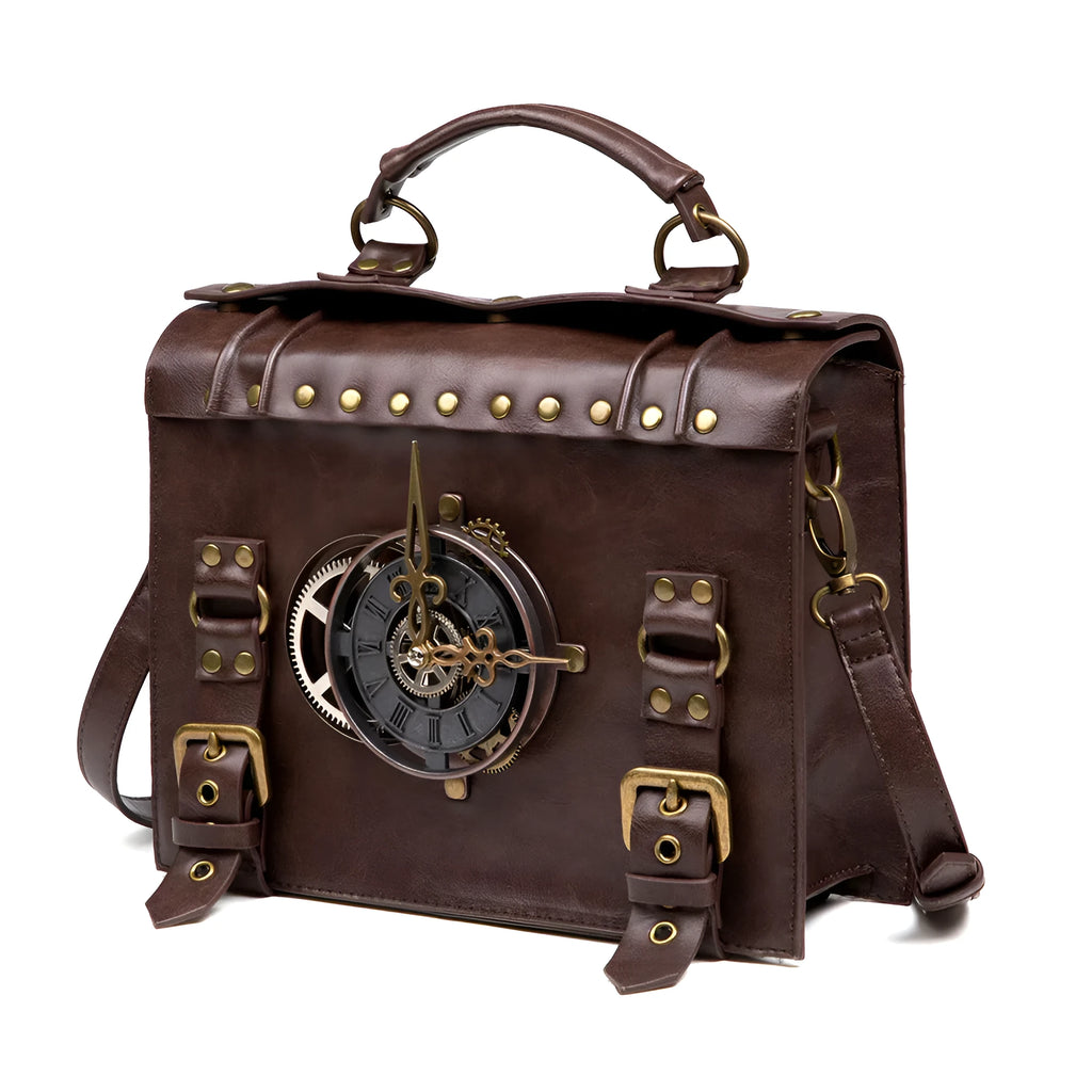 Bronze steampunk industrial retro style shoulder bag with pillow shape and metal hardware