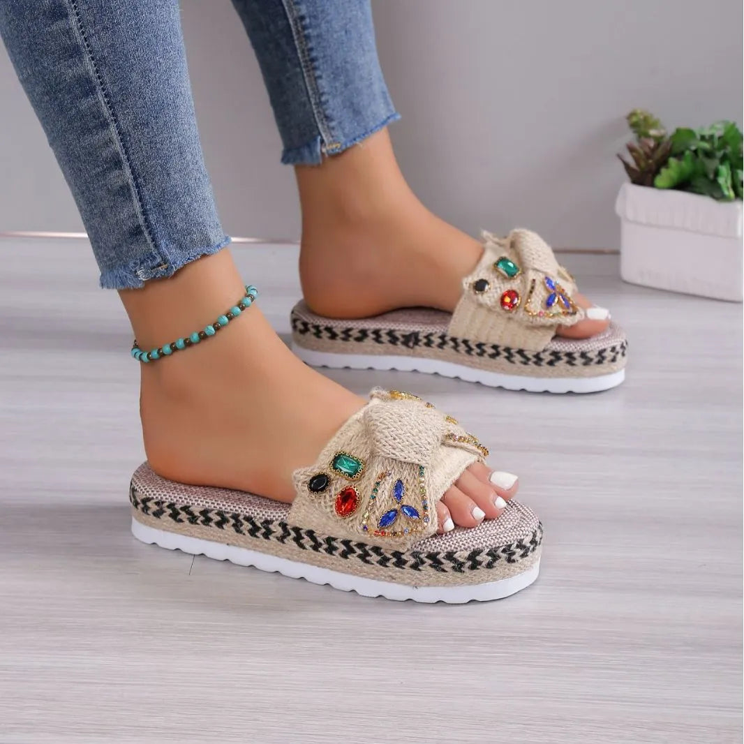 Creamy-white women's cloth platform sandals with a beach bow and round toe holder.